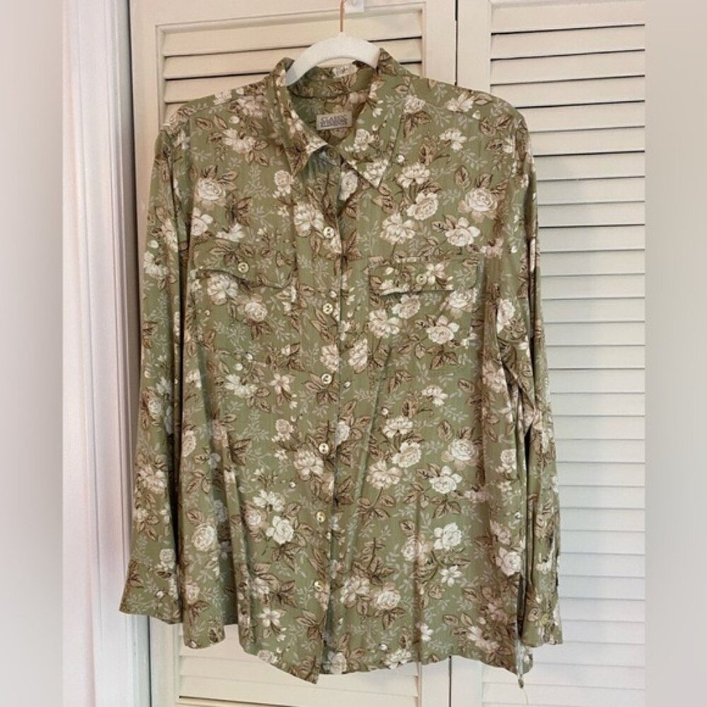 Vintage Classic Elements Olive Green Floral Button-Down Shirt Size M-L